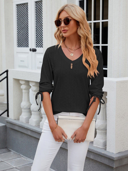 V-neck three-quarter sleeve buttoned drawstring loose T-shirt top