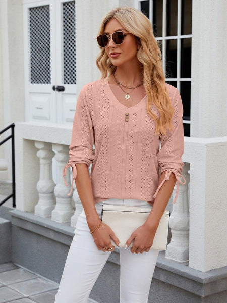 V-neck three-quarter sleeve buttoned drawstring loose T-shirt top