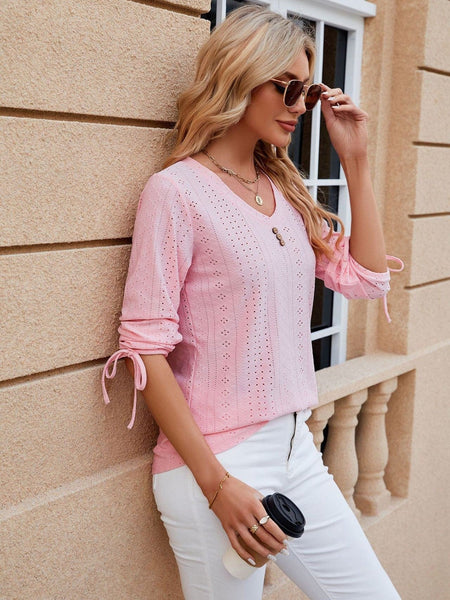 V-neck three-quarter sleeve buttoned drawstring loose T-shirt top