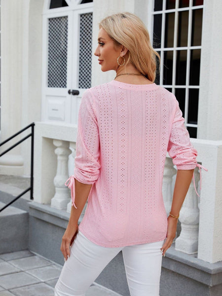V-neck three-quarter sleeve buttoned drawstring loose T-shirt top