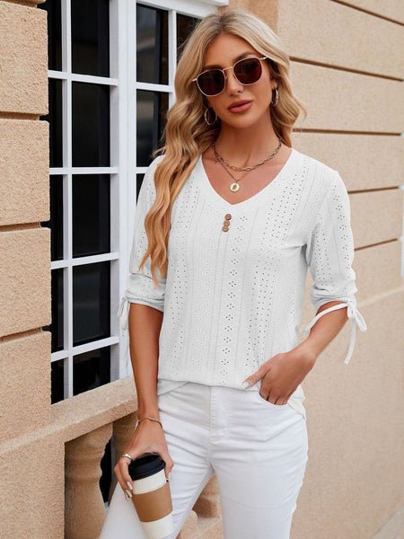 V-neck three-quarter sleeve buttoned drawstring loose T-shirt top