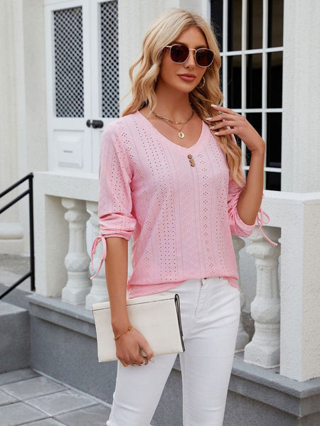 V-neck three-quarter sleeve buttoned drawstring loose T-shirt top