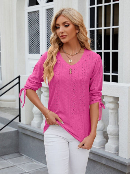 V-neck three-quarter sleeve buttoned drawstring loose T-shirt top