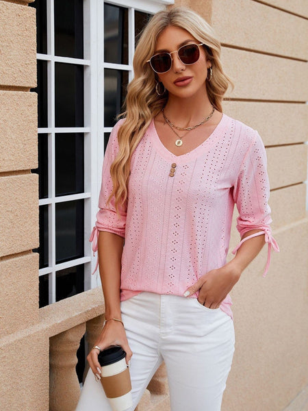 V-neck three-quarter sleeve buttoned drawstring loose T-shirt top