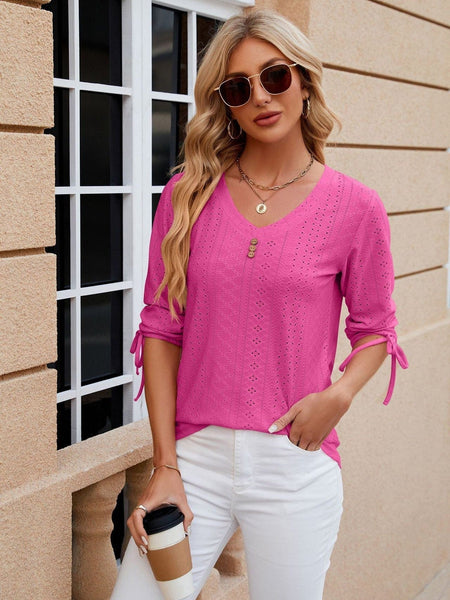 V-neck three-quarter sleeve buttoned drawstring loose T-shirt top