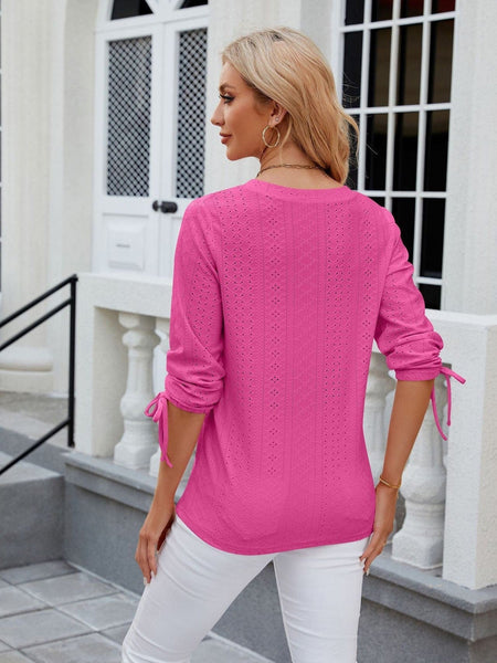 V-neck three-quarter sleeve buttoned drawstring loose T-shirt top
