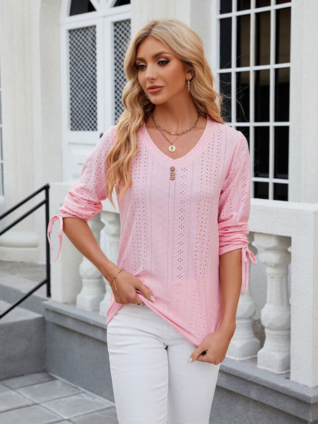V-neck three-quarter sleeve buttoned drawstring loose T-shirt top