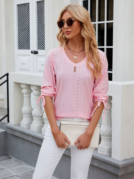 V-neck three-quarter sleeve buttoned drawstring loose T-shirt top