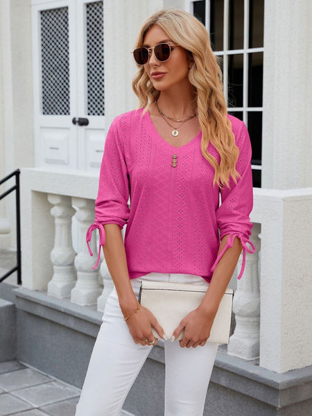 V-neck three-quarter sleeve buttoned drawstring loose T-shirt top
