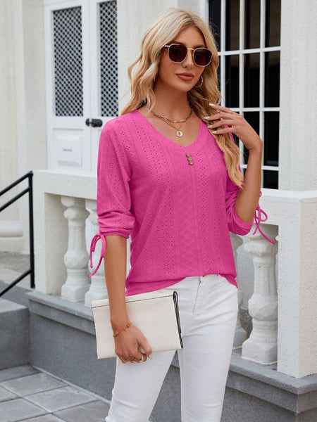 V-neck three-quarter sleeve buttoned drawstring loose T-shirt top