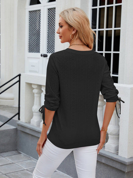 V-neck three-quarter sleeve buttoned drawstring loose T-shirt top