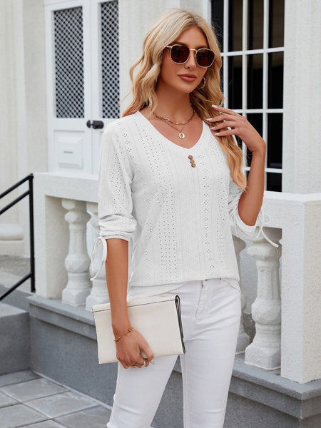 V-neck three-quarter sleeve buttoned drawstring loose T-shirt top