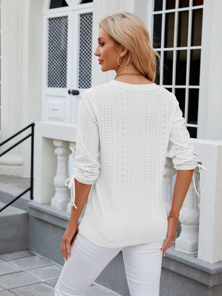 V-neck three-quarter sleeve buttoned drawstring loose T-shirt top