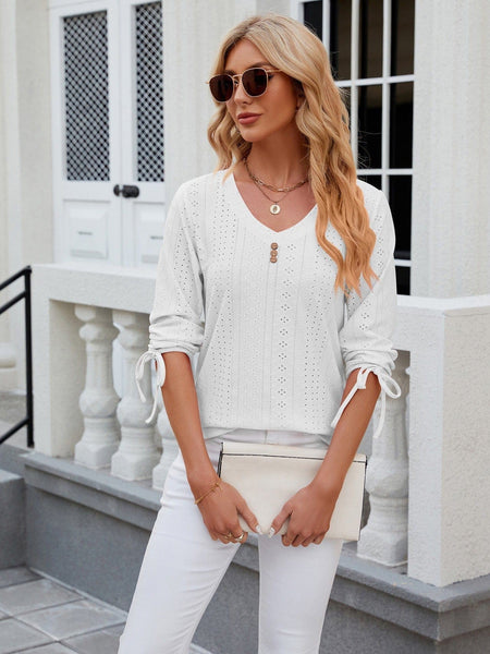V-neck three-quarter sleeve buttoned drawstring loose T-shirt top