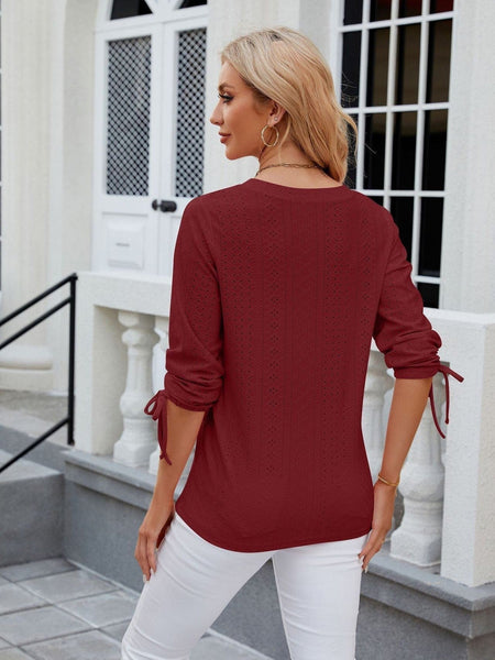 V-neck three-quarter sleeve buttoned drawstring loose T-shirt top