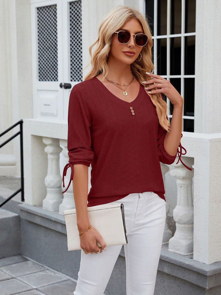 V-neck three-quarter sleeve buttoned drawstring loose T-shirt top