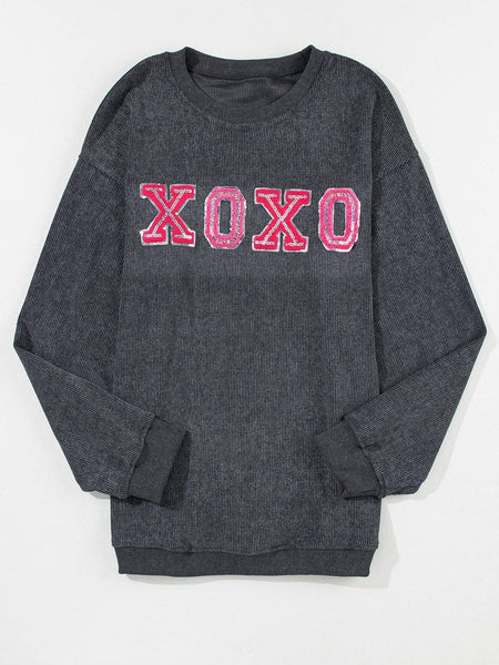 Valentine's Day Gray Sequin XOXO Corded Sweatshirt with Round Neck