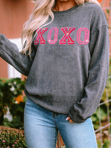 Valentine's Day Gray Sequin XOXO Corded Sweatshirt with Round Neck