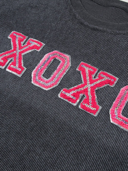 Valentine's Day Gray Sequin XOXO Corded Sweatshirt with Round Neck