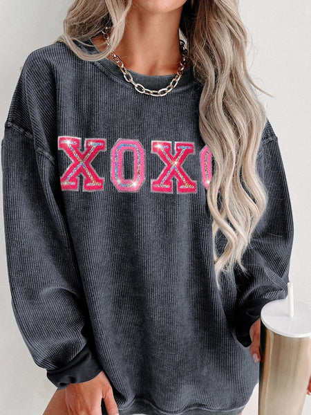 Valentine's Day Gray Sequin XOXO Corded Sweatshirt with Round Neck