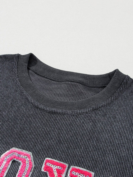 Valentine's Day Gray Sequin XOXO Corded Sweatshirt with Round Neck