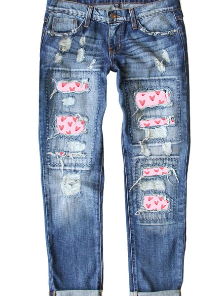 Women's Heart Print Distressed Patchwork Straight Leg Denim