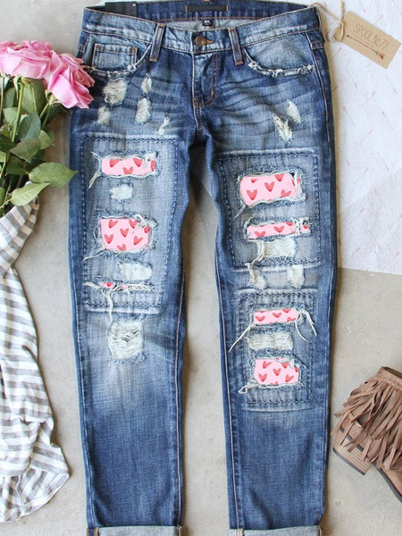 Women's Heart Print Distressed Patchwork Straight Leg Denim