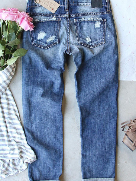 Women's Heart Print Distressed Patchwork Straight Leg Denim