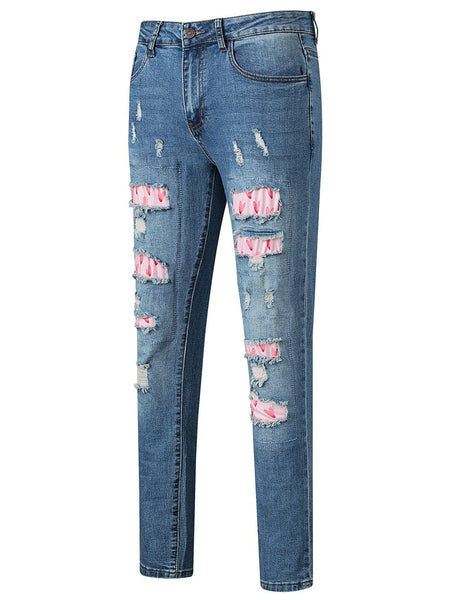 Women's Heart Print Distressed Patchwork Straight Leg Denim