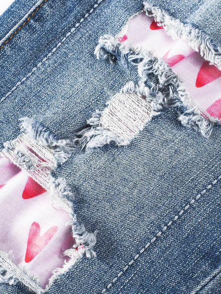 Women's Heart Print Distressed Patchwork Straight Leg Denim