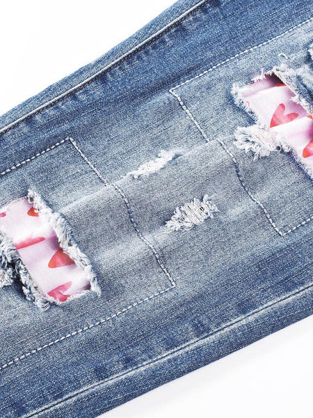Women's Heart Print Distressed Patchwork Straight Leg Denim