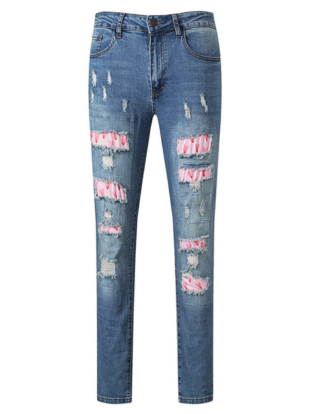 Women's Heart Print Distressed Patchwork Straight Leg Denim