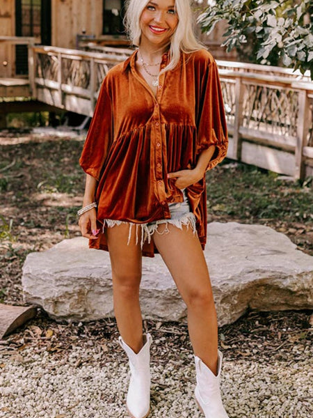 Velvet Babydoll Tunic Shirt with 3/4 Sleeves for Women