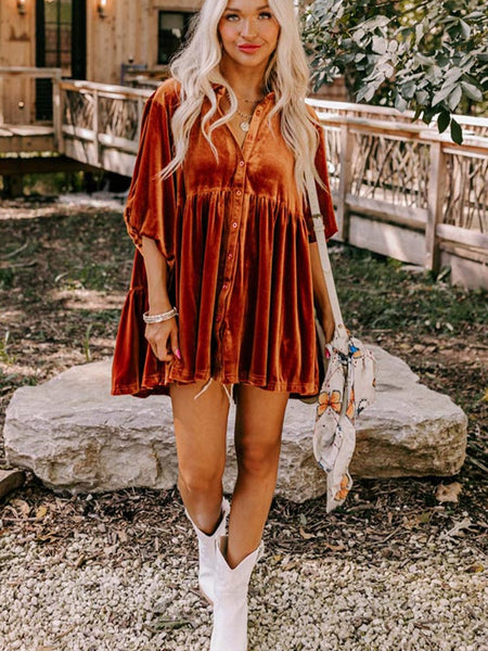 Velvet Babydoll Tunic Shirt with 3/4 Sleeves for Women
