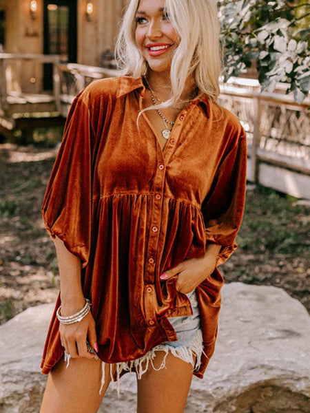 Velvet Babydoll Tunic Shirt with 3/4 Sleeves for Women