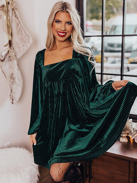 Women's Emerald Green Ribbed Velvet Square Neck Babydoll Dress
