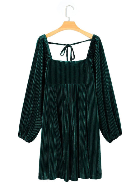 Women's Emerald Green Ribbed Velvet Square Neck Babydoll Dress