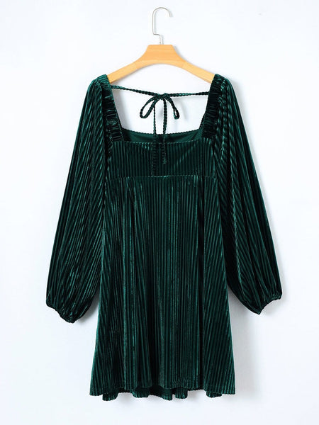 Women's Emerald Green Ribbed Velvet Square Neck Babydoll Dress