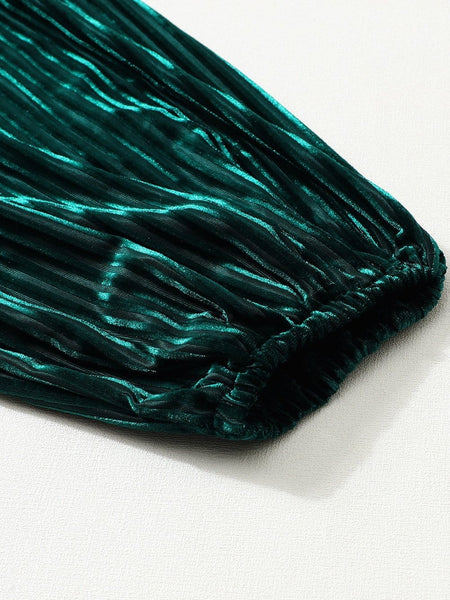 Women's Emerald Green Ribbed Velvet Square Neck Babydoll Dress