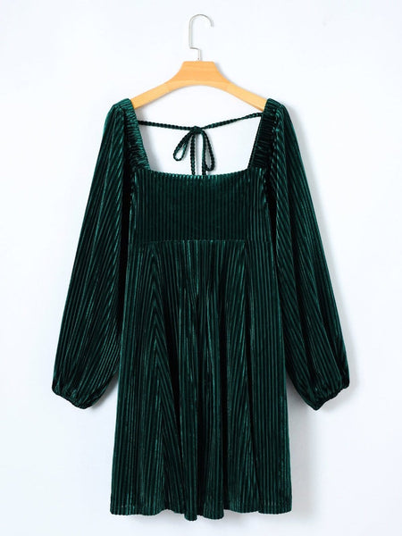 Women's Emerald Green Ribbed Velvet Square Neck Babydoll Dress