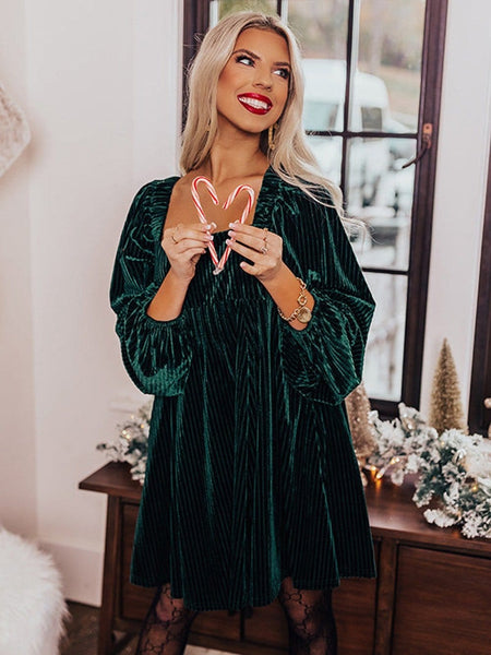 Women's Emerald Green Ribbed Velvet Square Neck Babydoll Dress