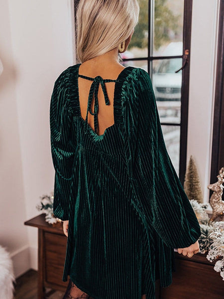 Women's Emerald Green Ribbed Velvet Square Neck Babydoll Dress