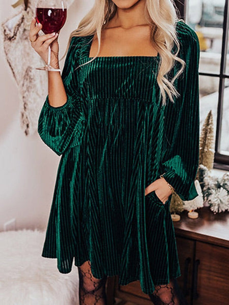 Women's Emerald Green Ribbed Velvet Square Neck Babydoll Dress