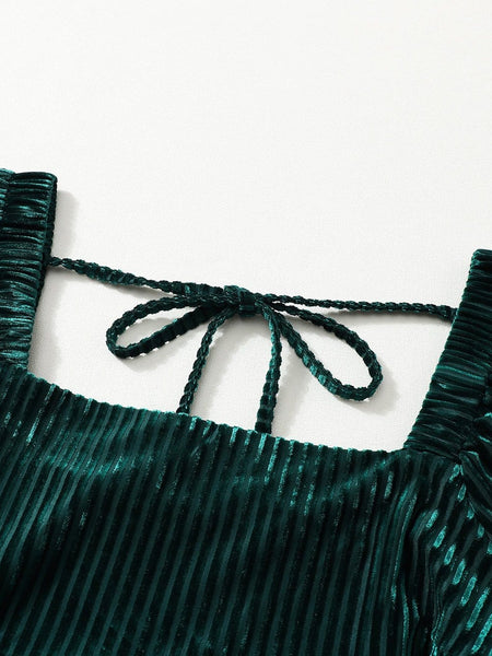 Women's Emerald Green Ribbed Velvet Square Neck Babydoll Dress