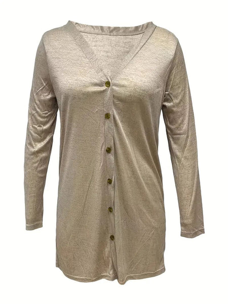 Versatile Solid Long Sleeve Women's Blouse with Button Front