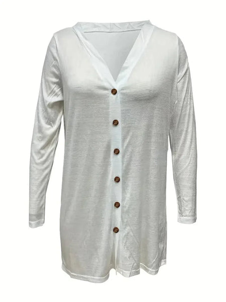 Versatile Solid Long Sleeve Women's Blouse with Button Front