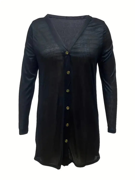 Versatile Solid Long Sleeve Women's Blouse with Button Front