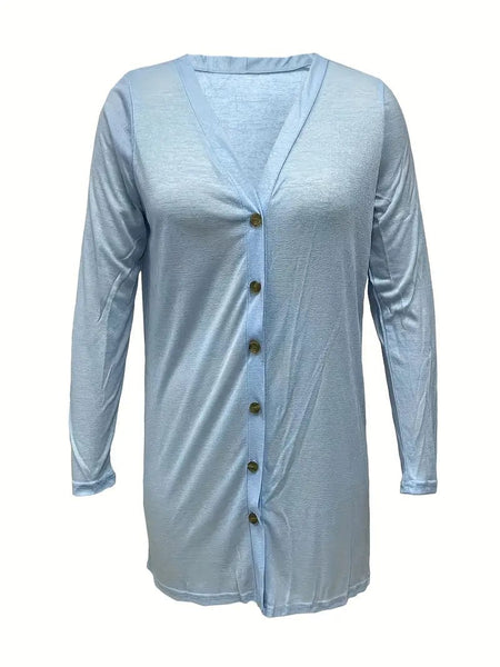 Versatile Solid Long Sleeve Women's Blouse with Button Front
