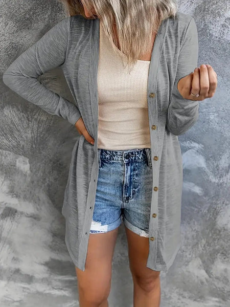 Versatile Solid Long Sleeve Women's Blouse with Button Front