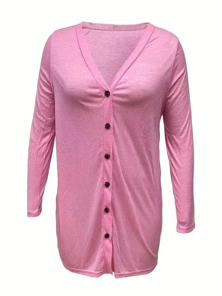 Versatile Solid Long Sleeve Women's Blouse with Button Front